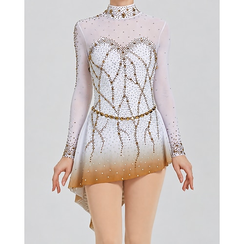 Abito da pattinaggio artistico Per donna Pattinaggio sul ghiaccio Vestito Body da ginnastica Bianco Patchwork Schiena aperta Elasticizzato Allenamento Competizione Vestiti da pattinaggio sul ghiaccio