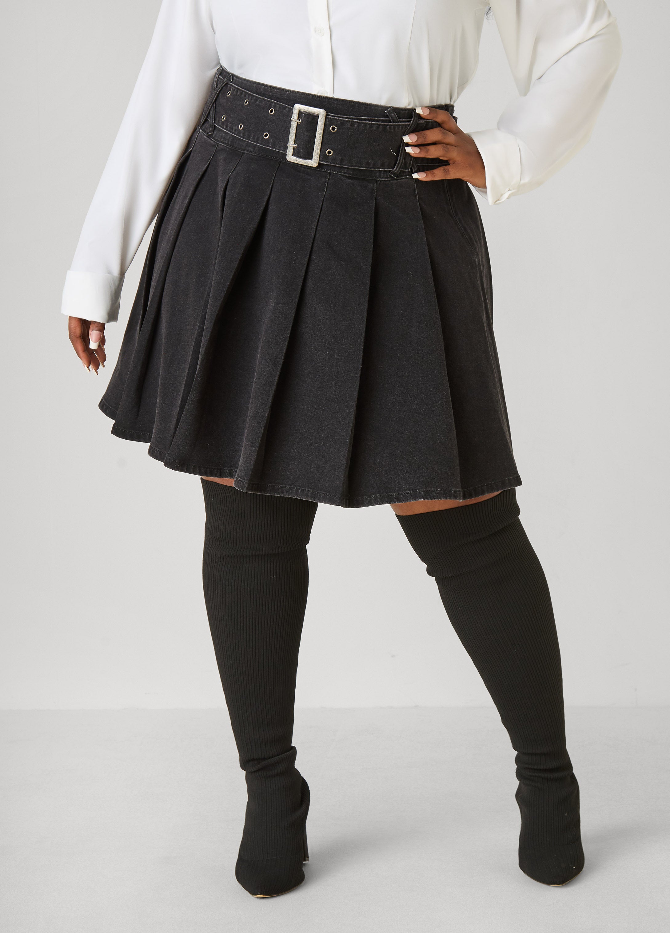 Plus Size Pleated Denim Mini Skirt - Ashley Stewart