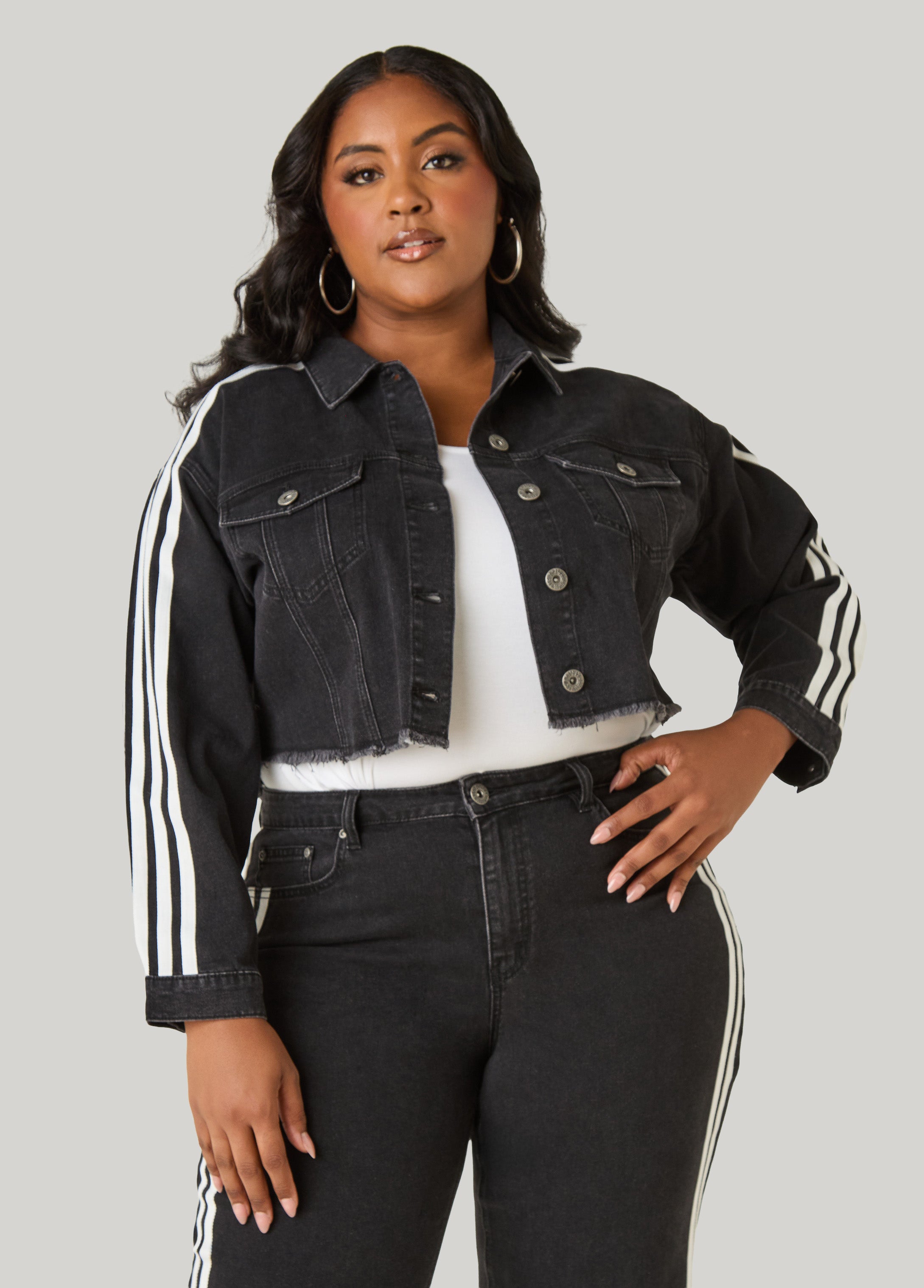 Plus Size Striped Cropped Denim Jacket