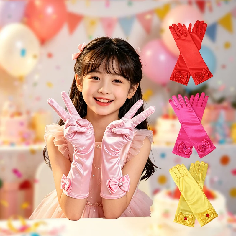 Gants en satin longs pour filles de 4 à 10 ans, style princesse, pour la danse, les spectacles et les défilés
