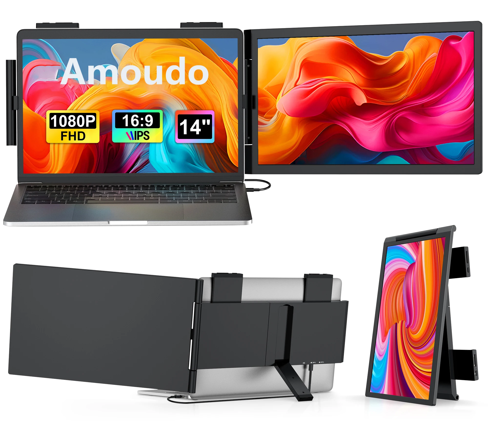 Amoudo, écran portable de 4 pouces, résolution 1920 x 1080p, 60 Hz, écran IPS Full HD, extension d’écran pour ordinateur portable, double écran pour ordinateur portable, compatible Windows, Mac et Android, deuxième écran, écran mobile.