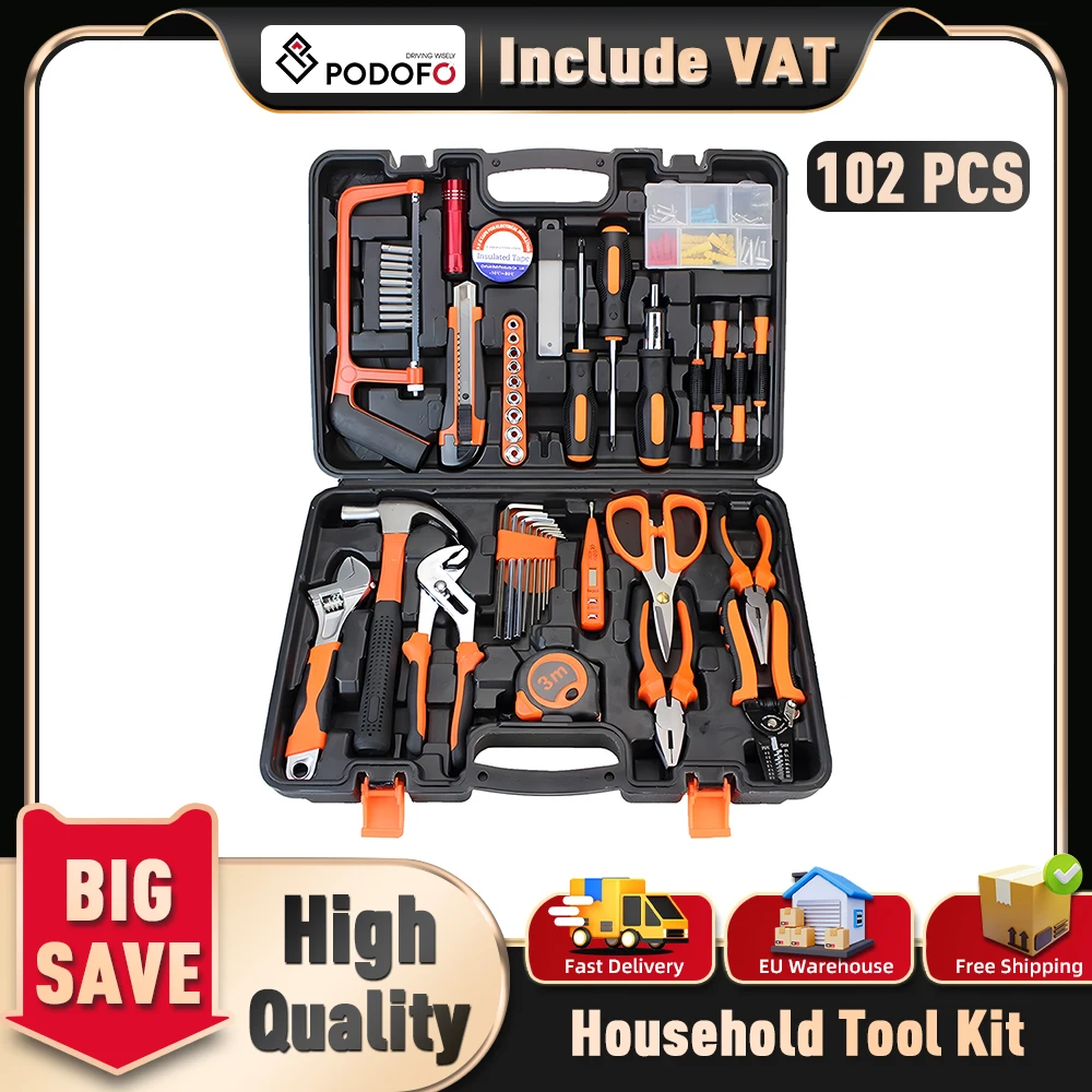 Podofo Kit d'outils ménagers 102 pièces, boîte à outils combinée, ensemble d'outils pour électricien, outils de réparation automobile, outils de menuiserie