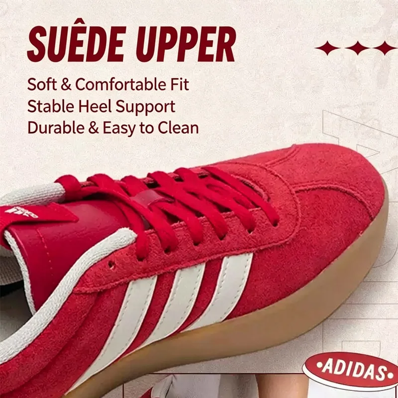 Günstige Adidas Originals Red Low Top Skate-Schuhe mit Wildleder-Obermaterial, klassischen 3 Streifen und Gummi-Außensohle, Vintage Casual Sneakers KI5079