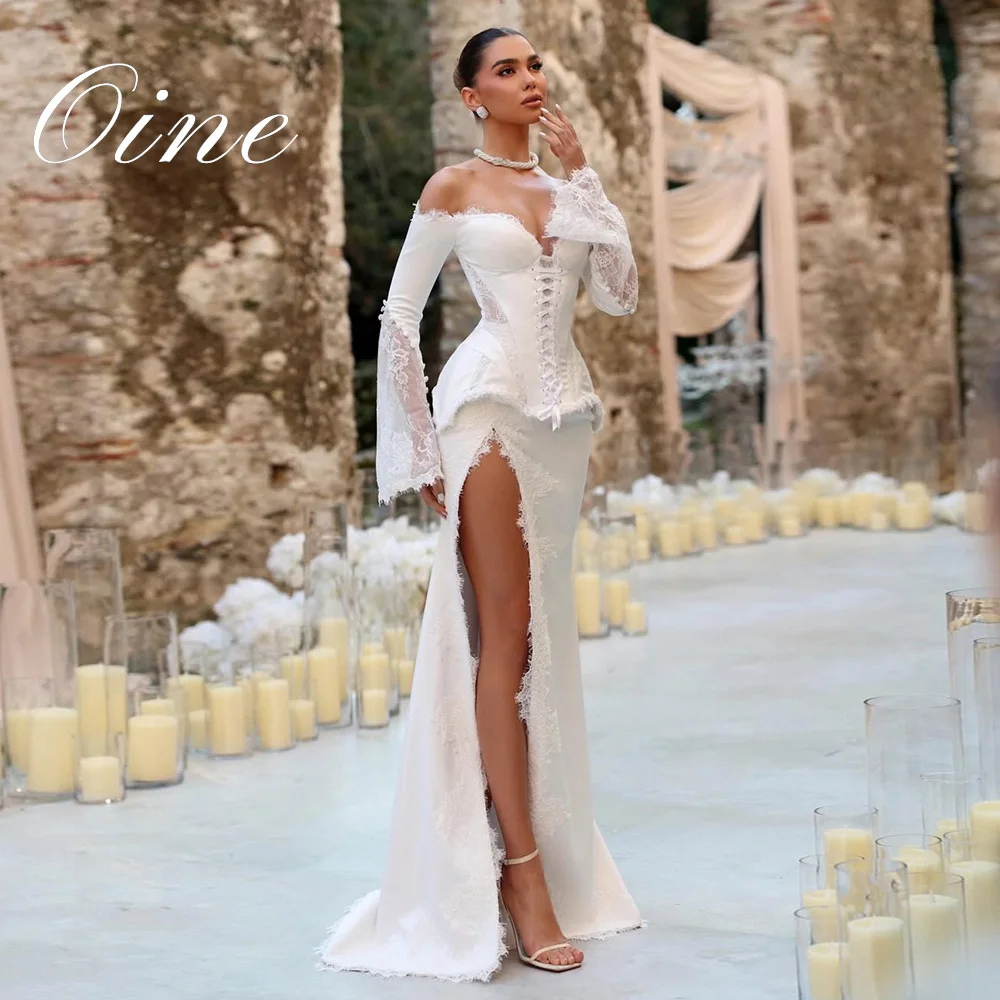 Oine 2026 Elegant Mermaid Wedding Dress Sweetheart Collar Long Sleeve Lace Applique Bridal Dress Sexy Side High Slit Customized
