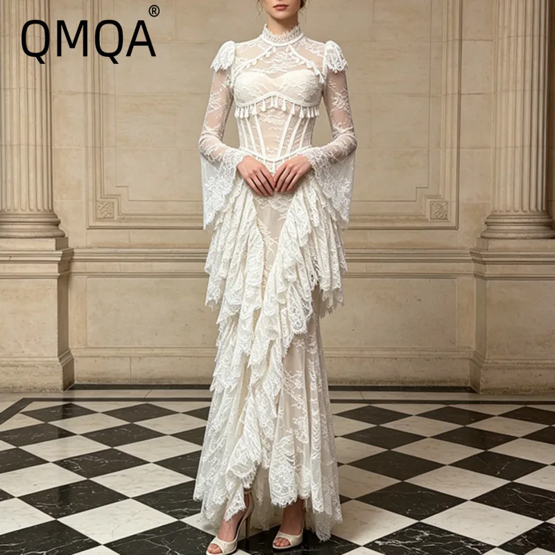 QMQA Fashion Women's Elegant Lace Embroidered Tassel Backless Dresses Bell-sleeve Slimming Solid Evening Dress 2027 New QM1406