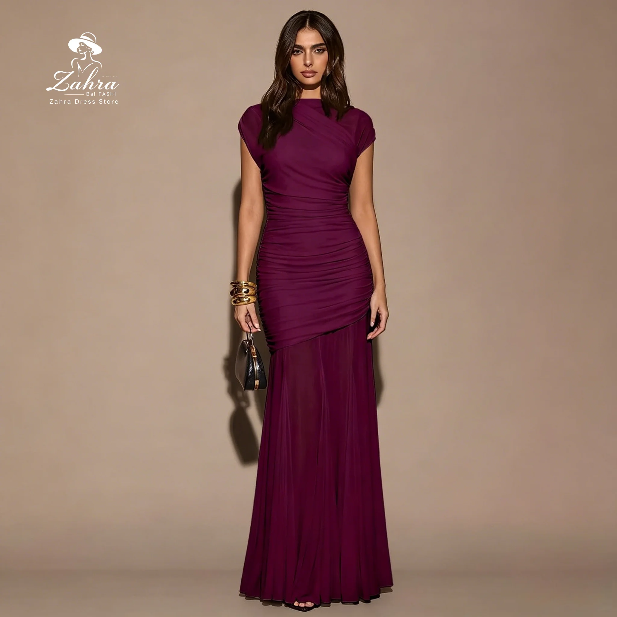 Deep Purple Short Sleeves Asymmetrical Neck Vintage Elegant Mesh Prom Dresses Ruched Evening Dresses Floor-Length Party Gowns