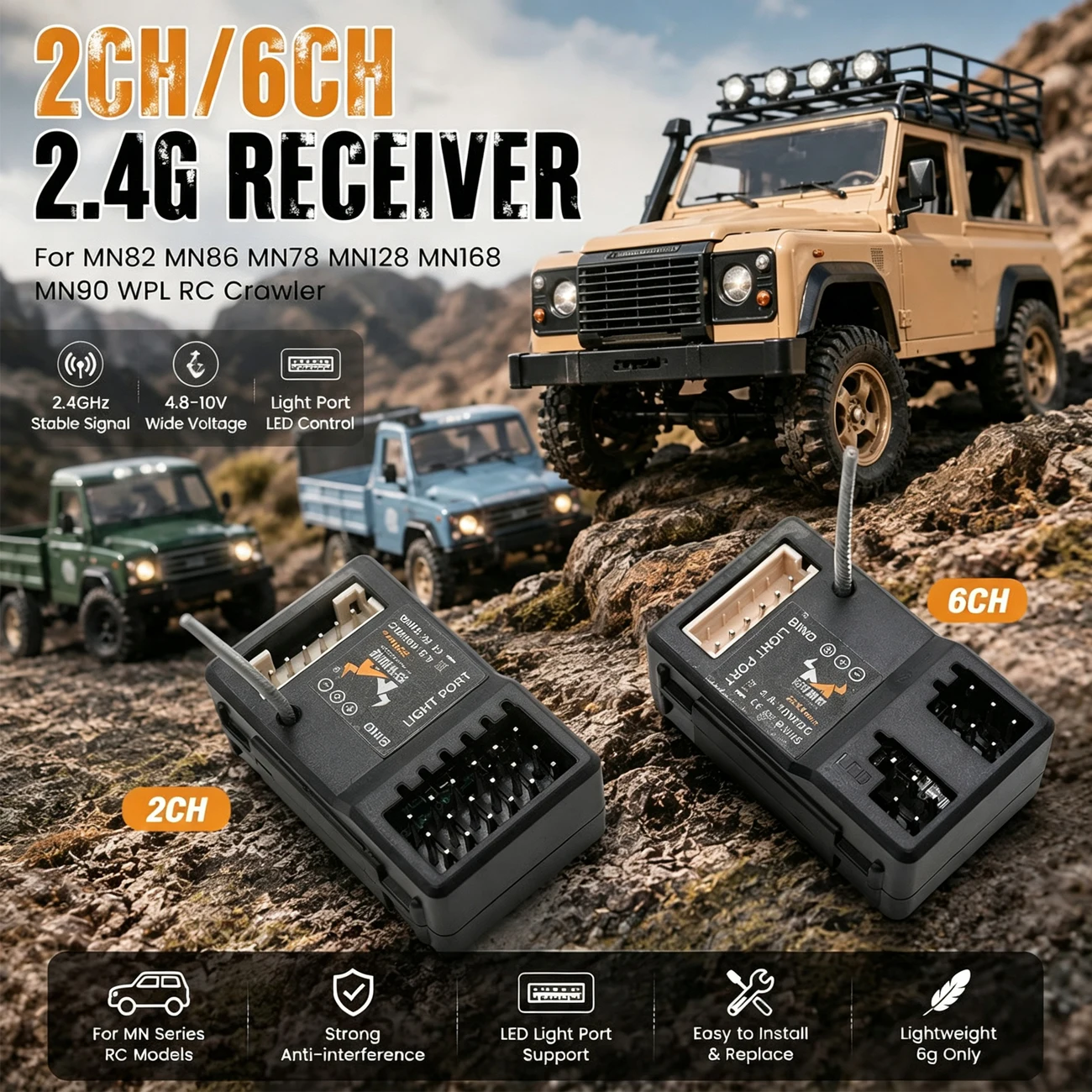 Original MN Receiver 2CH 6CH 2.4G Receiver LED Light Port 4.8-10V for 1/12 MN82 MN86 MN78 MN99S MN128 MN168 RC Crawler Car Boat