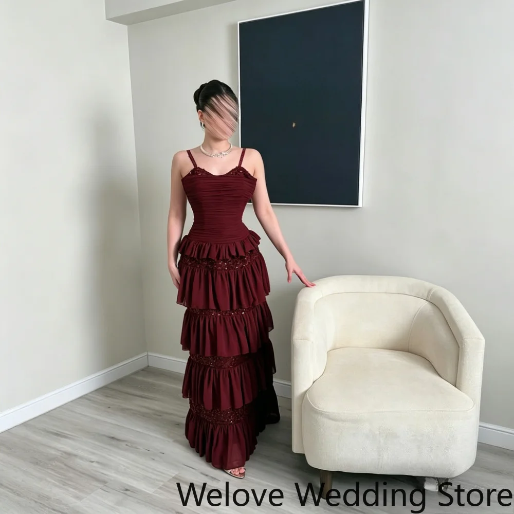Customized Burgundy Spaghetti Strap Evening Dress Ruched Fitted Bodice Tiered Ruffle Skirt With Lace Trim Formal Gown