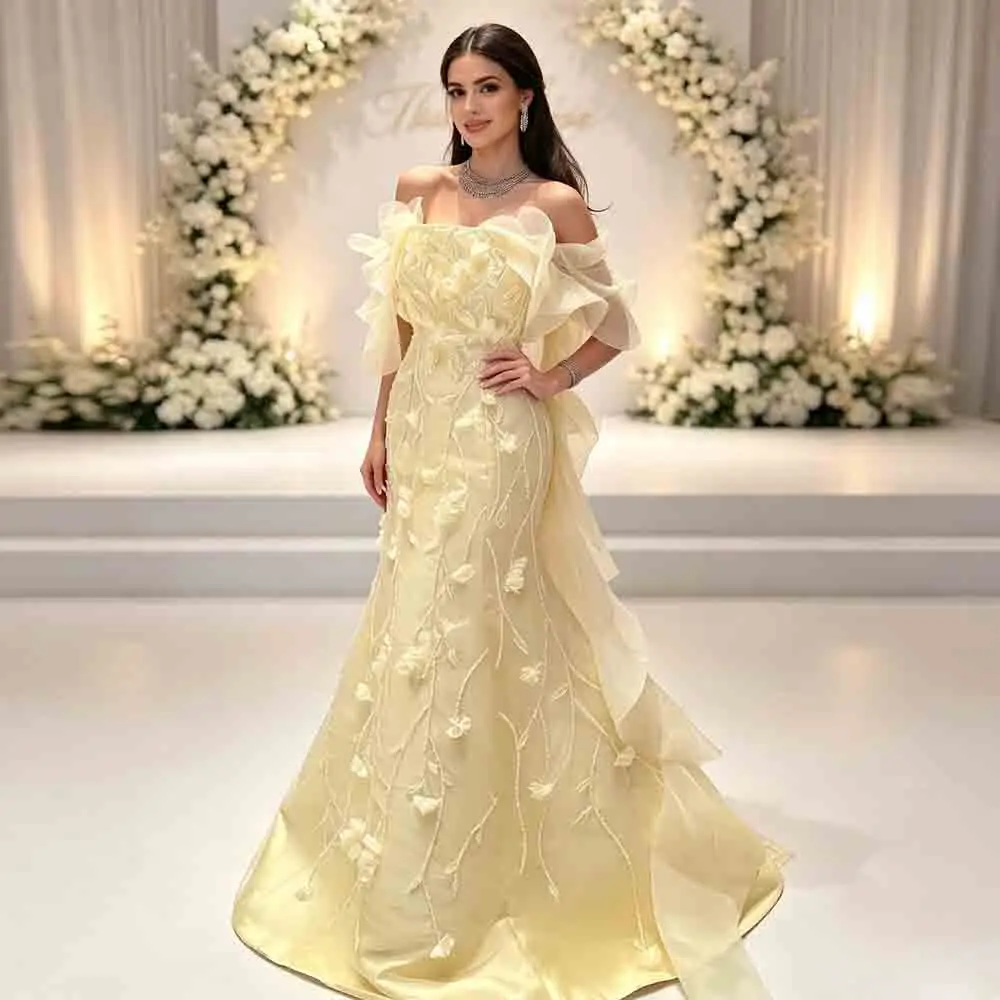 Customized Beaded Embroidery Evening Dress Strapless Mermaid Organza Ruffle Sleeve Formal Gown Yellow Vestido de Fiesta