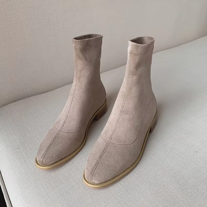 Stiefeletten, Damen-Schuhe zum Hineinschlüpfen, ohne Absatz, aus Stretchstoff, Damenstiefel, koreanischer Stil, Damen-Sockenstiefel, runde Zehen, Stiefeletten.
