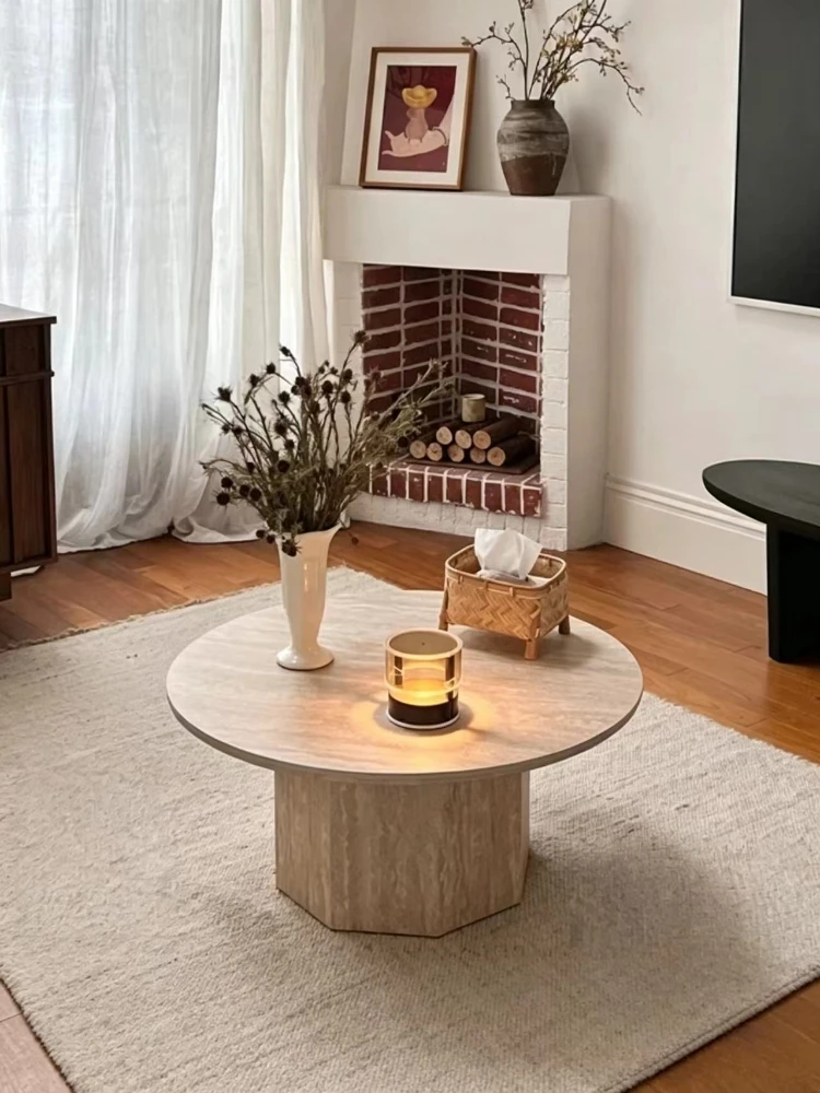 Wohnzimmermöbel Mittelalterlicher Travertin-Steinplatten-Couchtisch Wohnzimmer Haushalt Französischer Retro Runder Niedriger Couchtisch