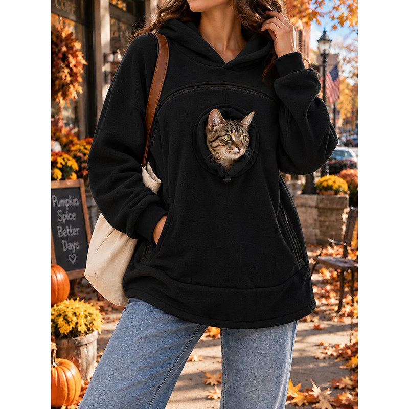 Women's Pet Carrier Hoodie Pet Pouch Hoodie Fleece Casual Long Sleeve Hooded Regular Tops pale pinkish gray Black Olive Green Yellow Red Fall Winter