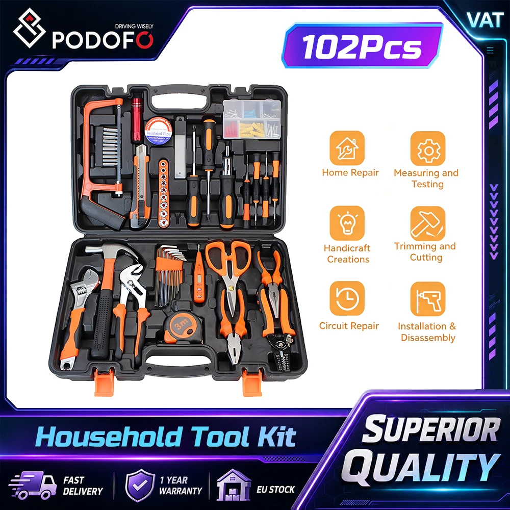 Boîte à outils Podofo, ensemble d'outils professionnels de 102 pièces, boîte à outils complète avec outils, jeu de tournevis, ensemble d'outils pour électricien, outils en acier au carbone de haute qualité, poignées ergonomiques à prise souple pour...