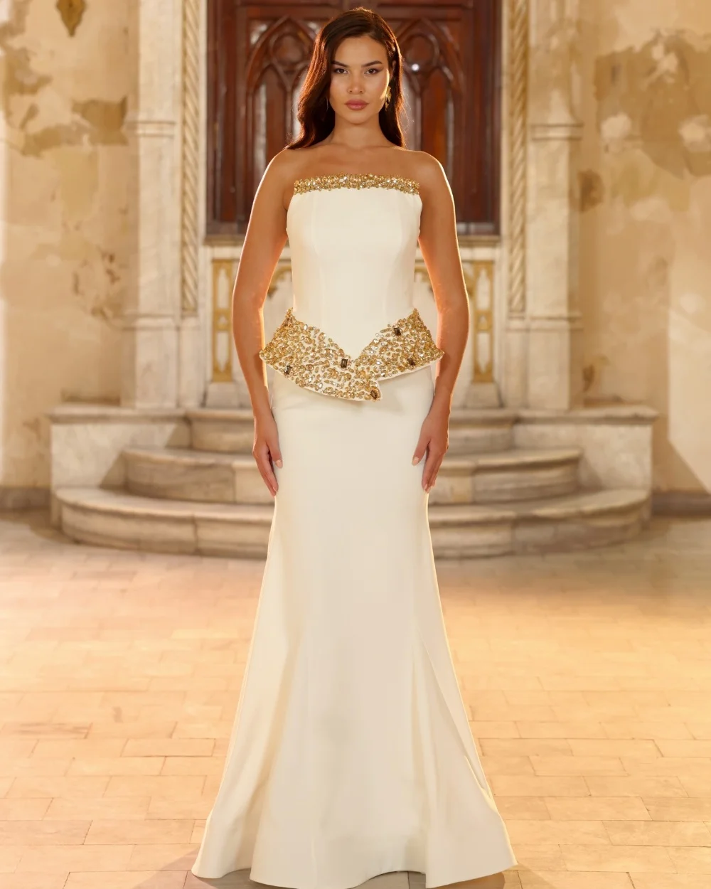 Customized Matching Jersey Pleat Sequined Trumpet Strapless Long Celebrity Bespoke Occasion Dresses Modern Style