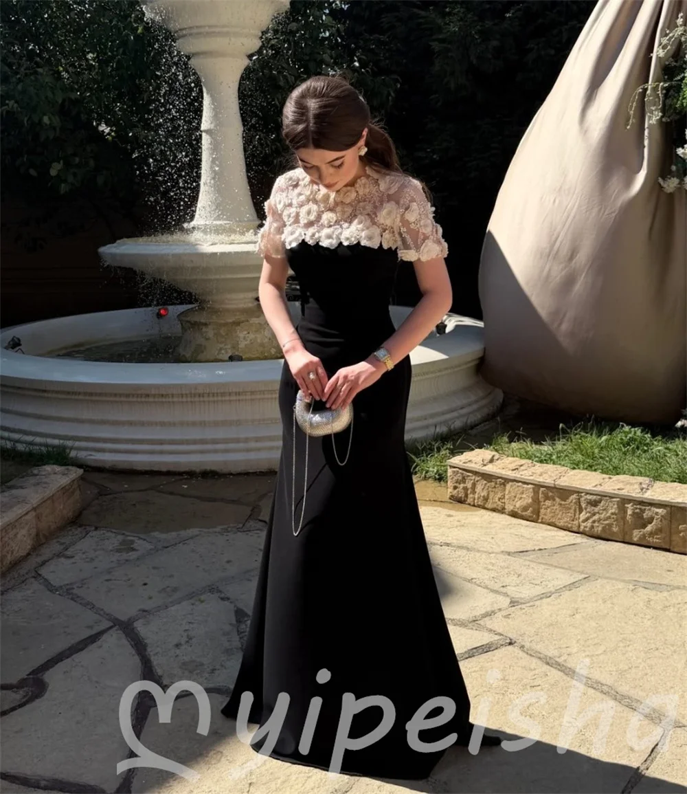 Black Pastrol Jersey 3DFlower Beading Sequined Mermaid Scoop Neck Women's Party Gowns Floor-Length Evening Dresses Customized