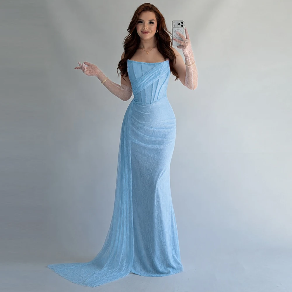 Customized Strapless Sleeveless Evening Dress Elegant Lace Mermaid Celebrity Gowns High Quality Zipper Back Homecoming Dress