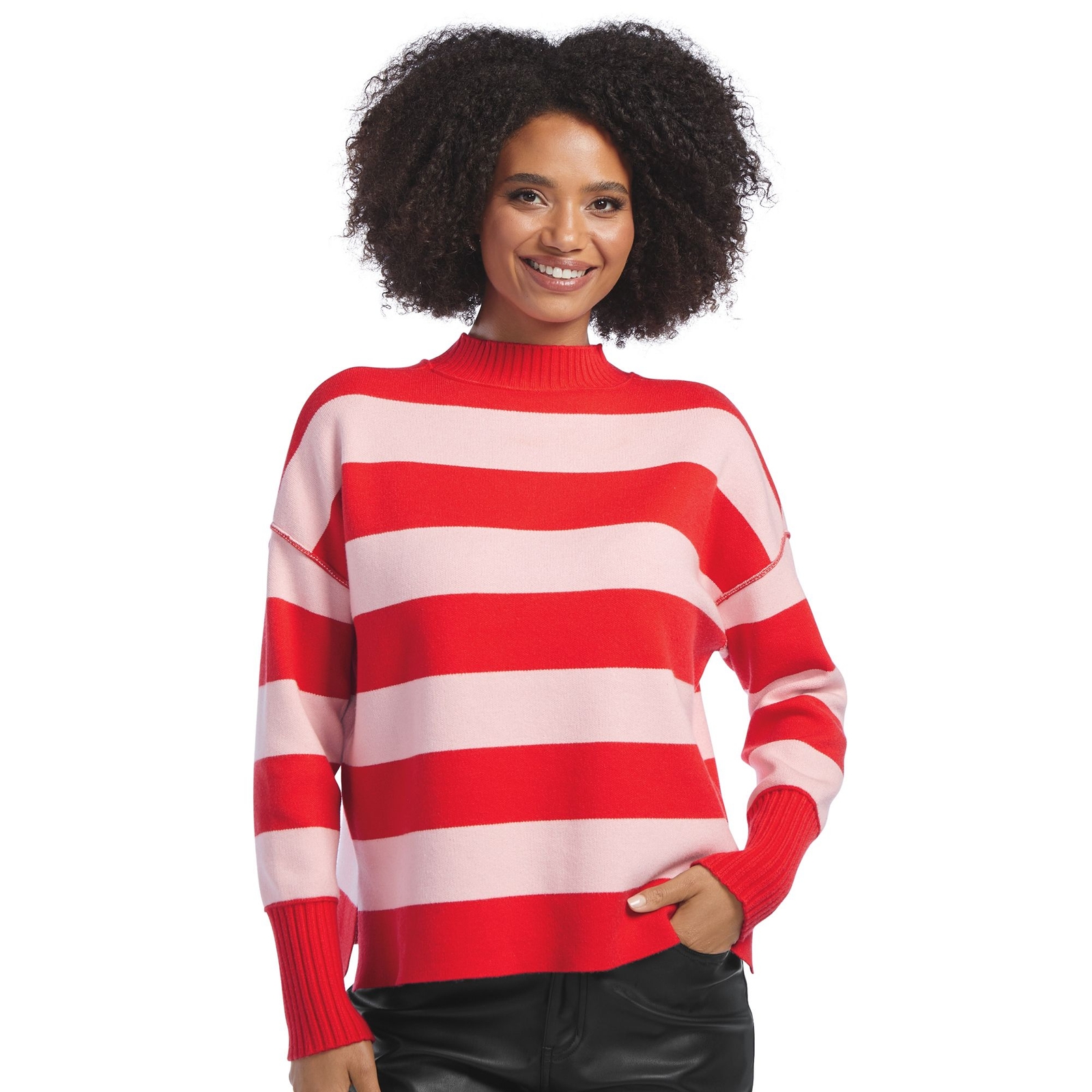 Masseys Apres Mock Neck Sweater (Women's) Casual in Pink/Red/Stripe, Size XL, Nylon/Polyester/Viscose
