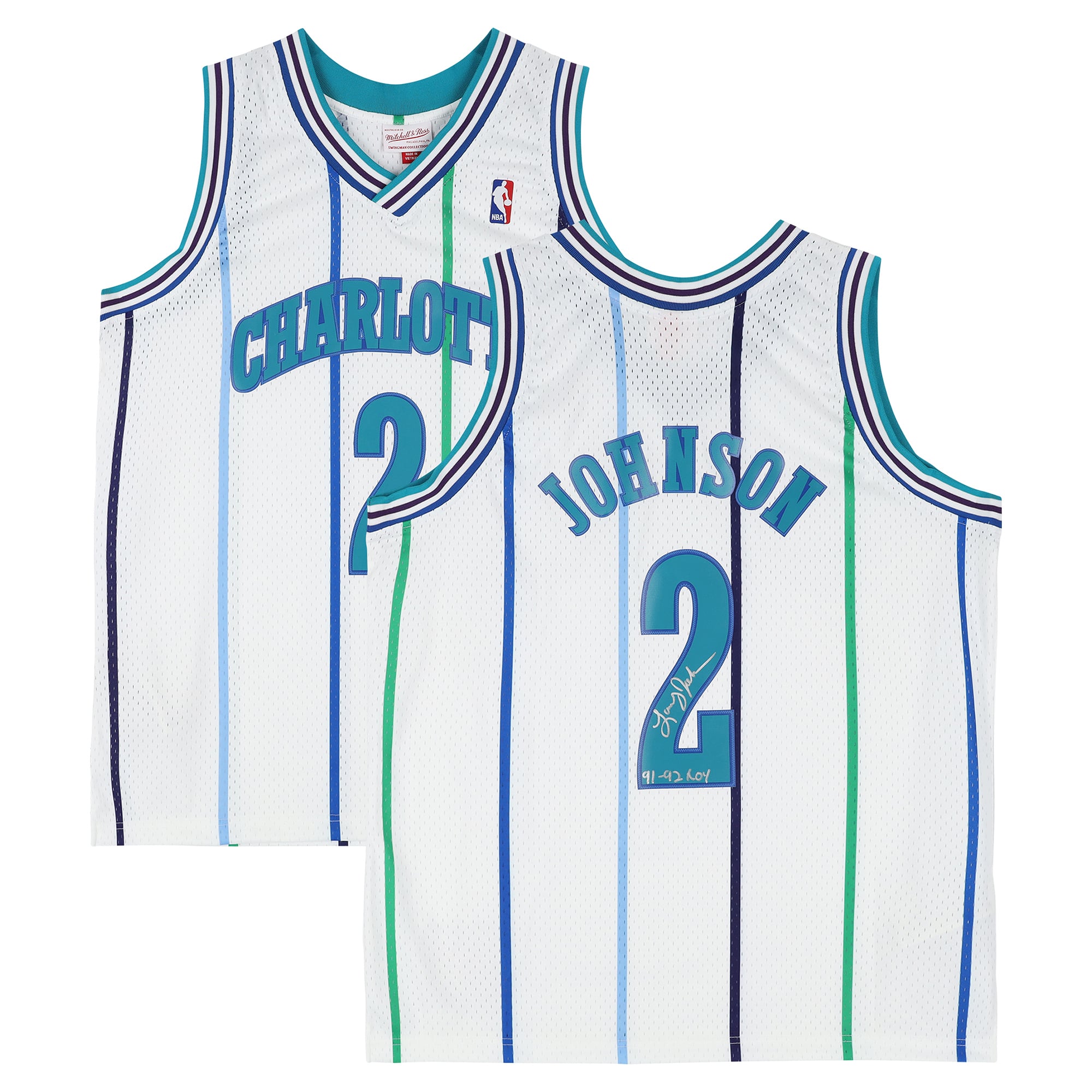 Larry Johnson Charlotte Hornets signiertes weißes Mitchell & Ness Swingman-Trikot von 1992 mit der Aufschrift „91-92 ROY“.