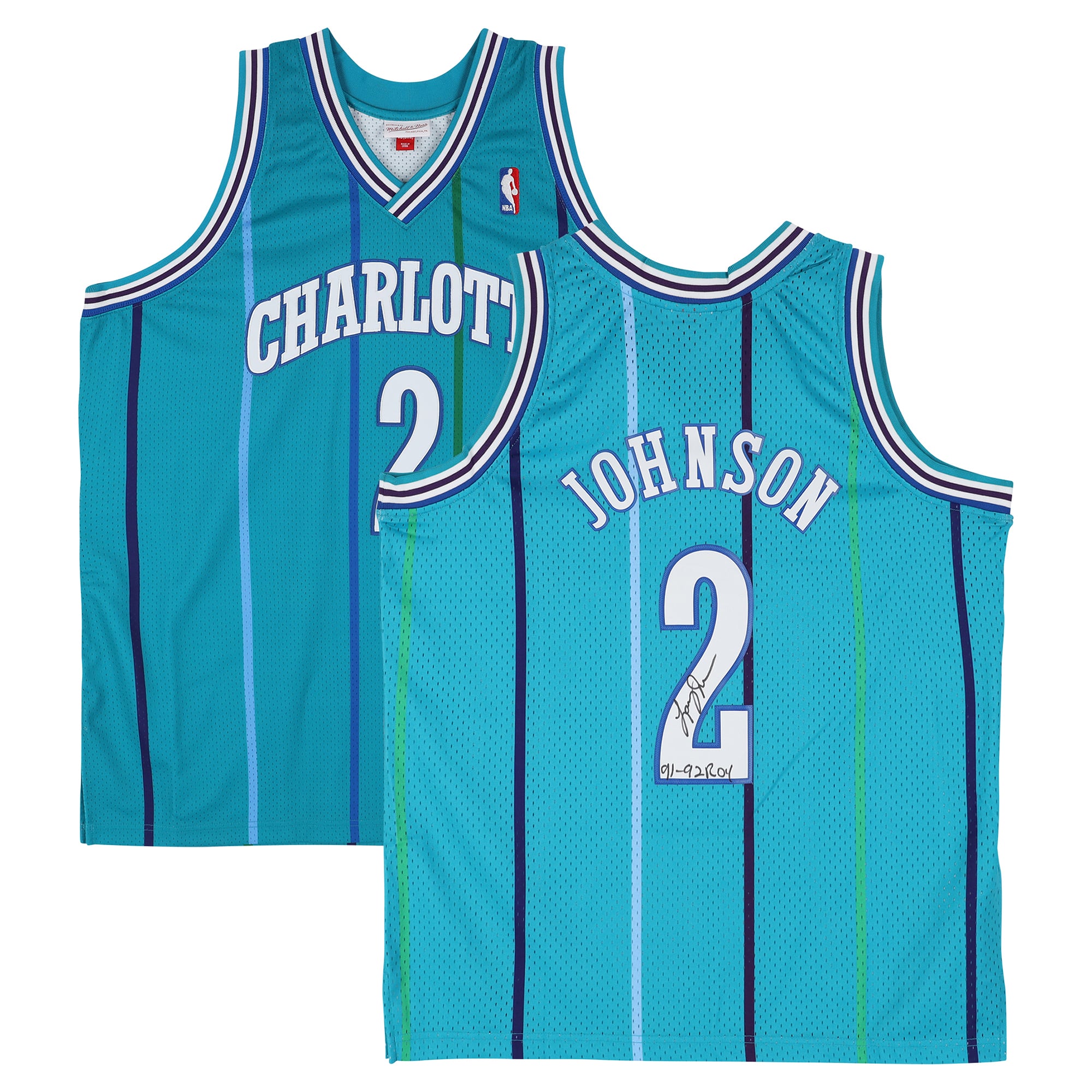 Larry Johnson Charlotte Hornets signiertes türkisfarbenes Mitchell & Ness Swingman-Trikot von 1992