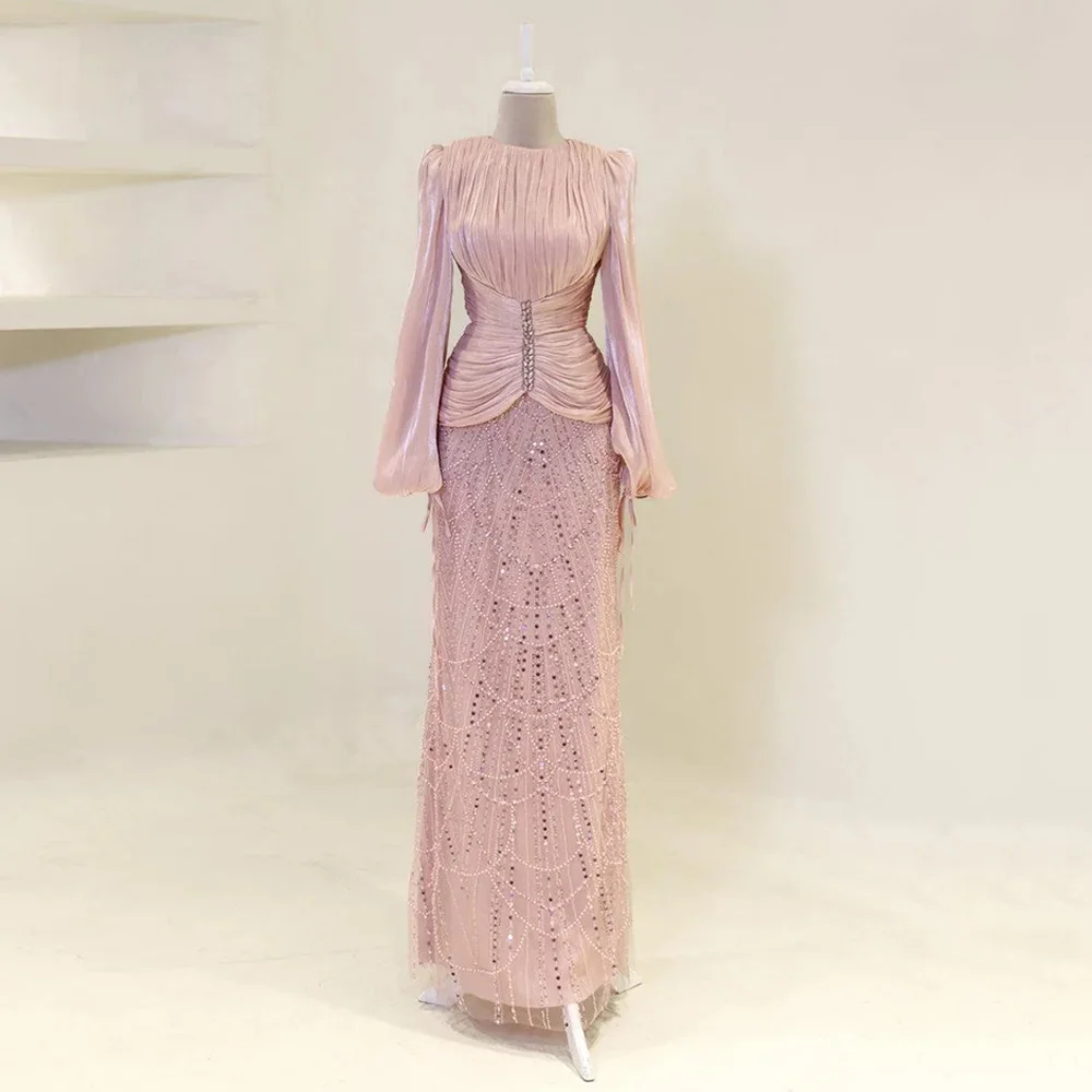 Customized Islamic Evening Dress Fashion Puff Sleeves O Neck Pleated Crystal Beading Sequined Prom Gown Pageant Party Dresses