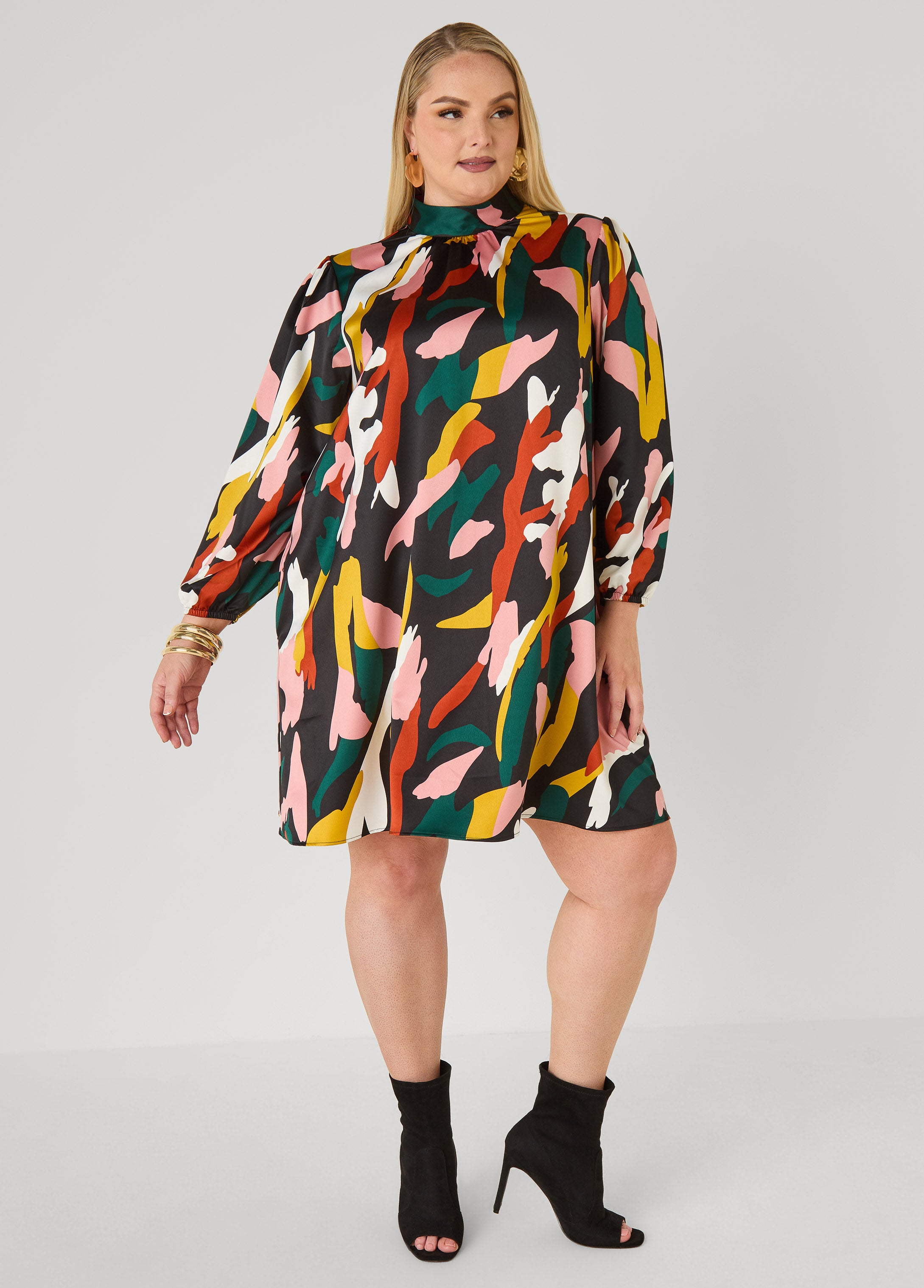 Plus Size Printed Satin Swing Dress