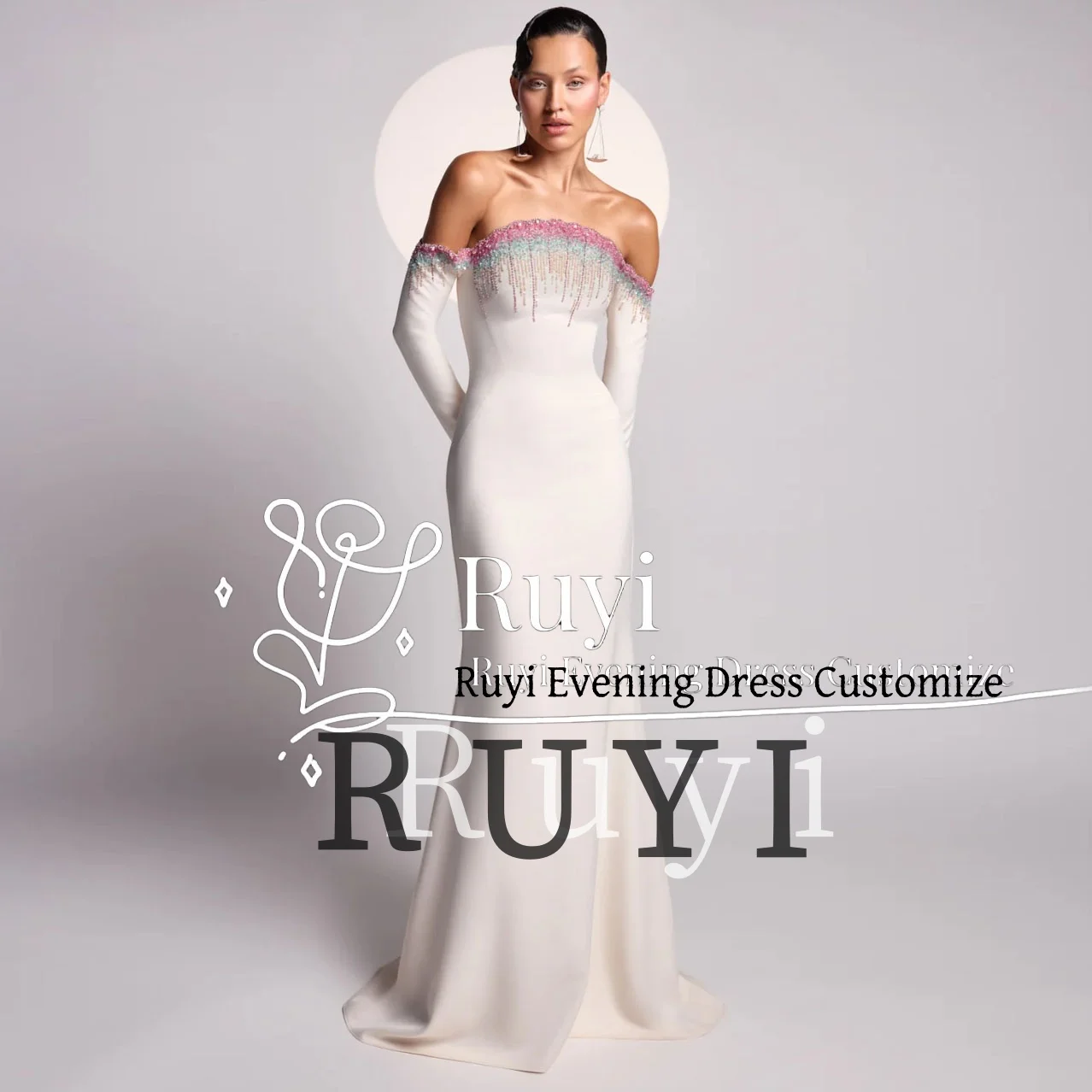 Customized Handbeadings Mermaid Luxury Formal Evening Dress Off Shoulder Prom Gown Long Sleeves Elegant Party Dress