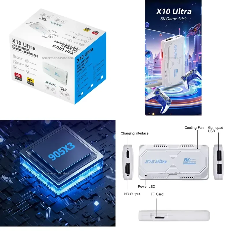 X10 Ultra Video Game Stick 64GB with dual wireless gamepad output, multiple emulators 3D game console
