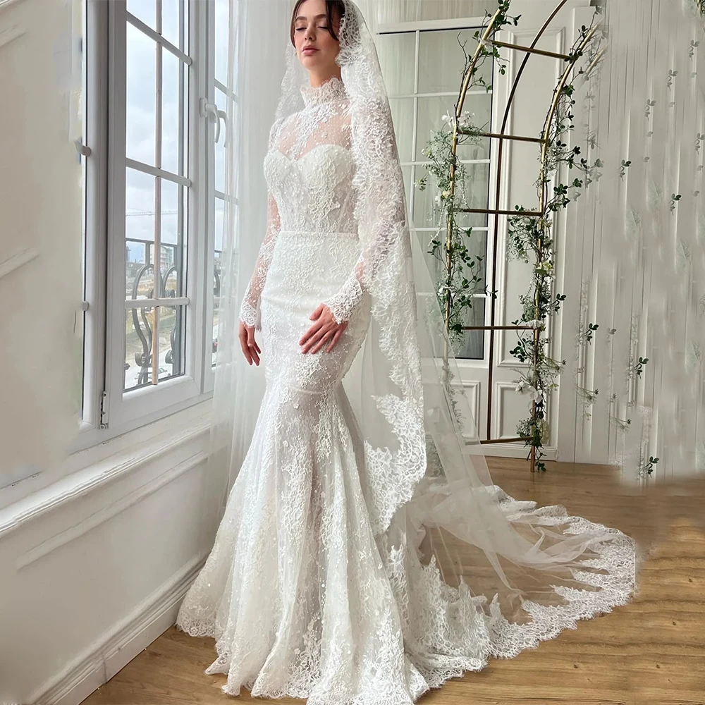 High Quality White Elegant Customized Wedding Dress O-Neck Lace with Appliques Pearls Beads Mermaid Prom Gowns for Floor Length