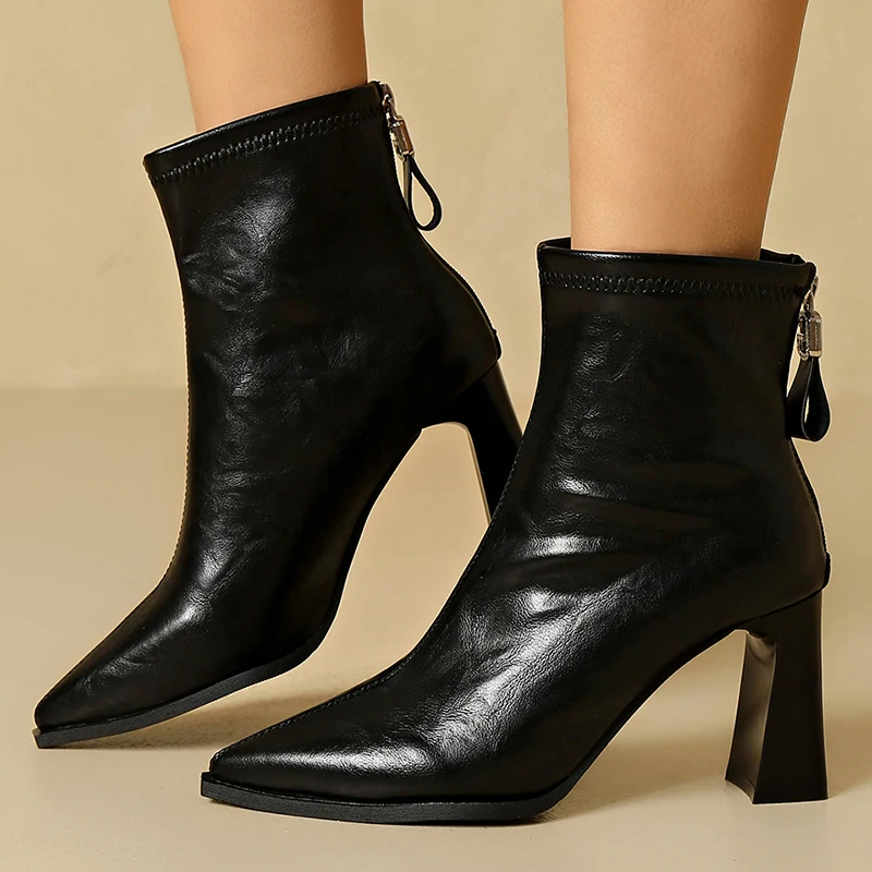 Damen-Stiefeletten aus PU-Leder in Schwarz, Herbst 2025, Spitze Zehe, Hoher Absatz, Kurze Stiefel mit Reißverschluss, Dicke Absätze, Chelsea-Booties