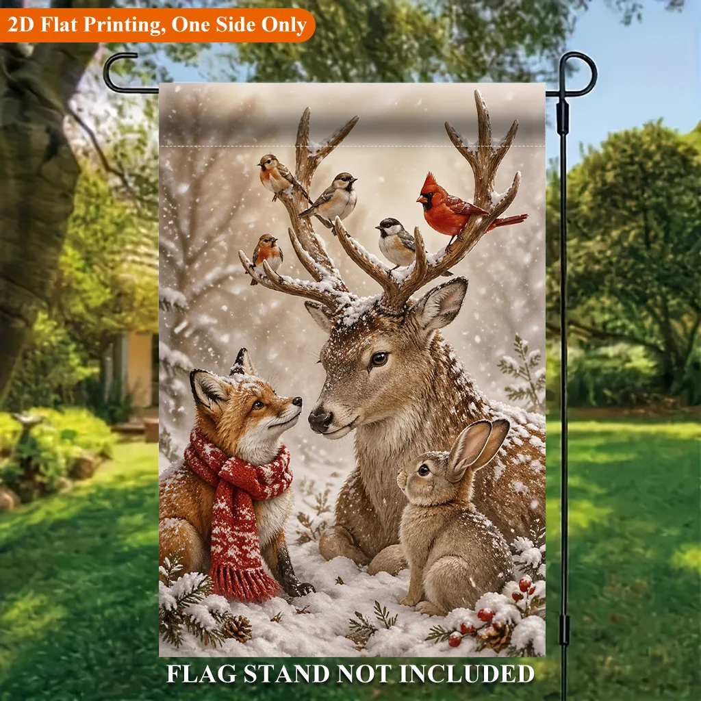 2D Flat, 1 2D Flat Garden Flag, Winter Deer and Animal Single Sided Garden Flag, Suitable for Outdoor Home and Garden Festival Decoration, Valentine's Day, Mother's Day, Easter, Christmas,