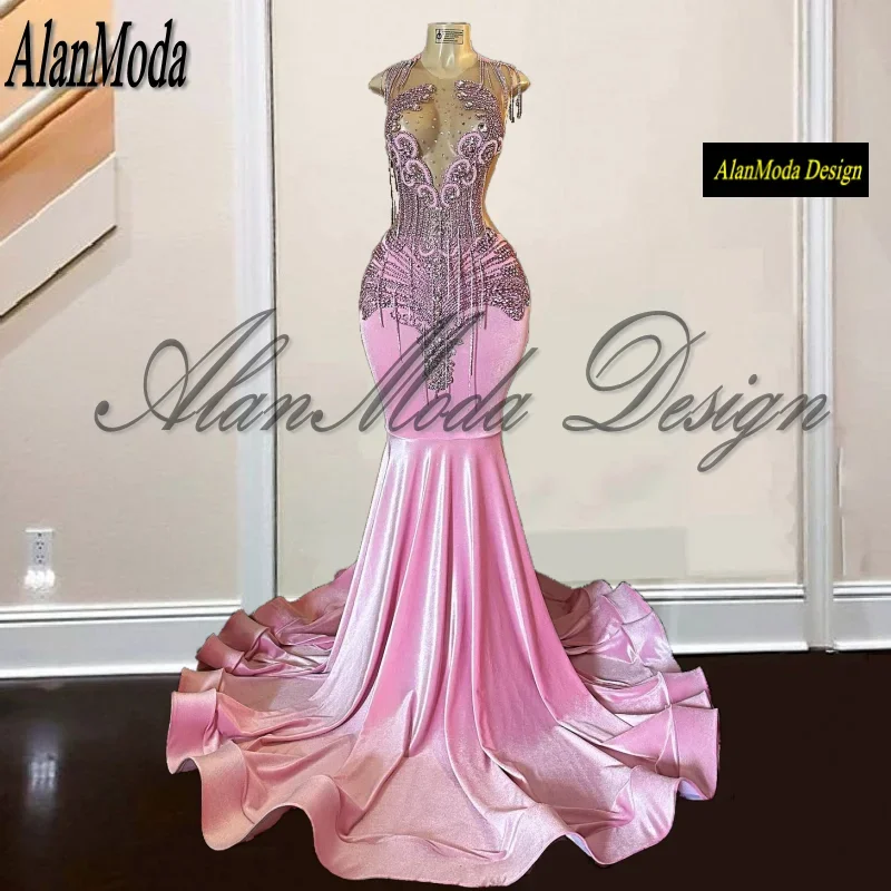Charming Pink Prom Dresses 2026 Sparkly Tassels Crystal African Black Girl Matric Dance Velvet Mermaid Party Dress Customized