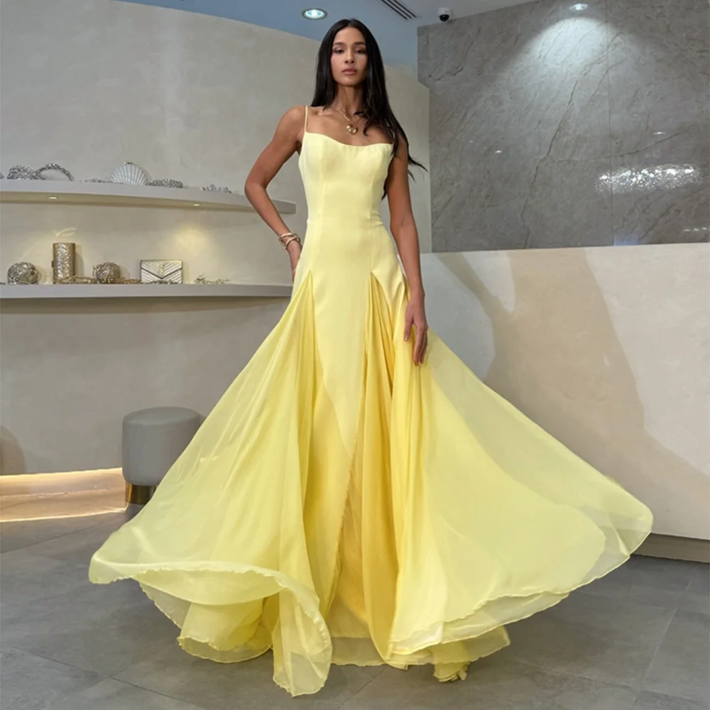 2025 Women's Evening Dresses Yellow Spaghetti Straps Ruched Trumpet Evening Gowns Long Sleeveless Mermaid Formal Party Dress