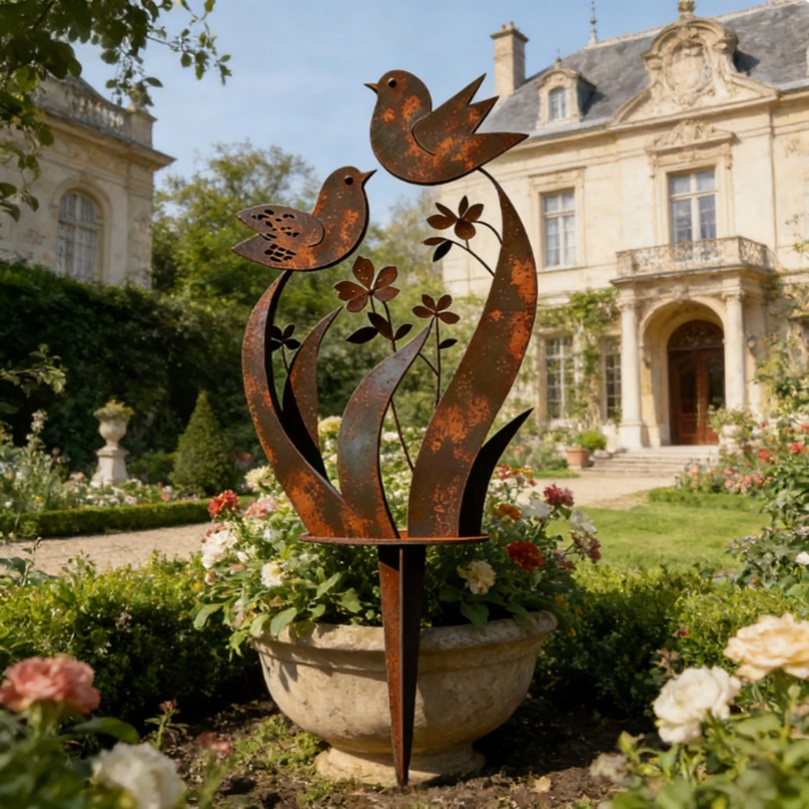 Metal Garden Stake W/ Bird & Floral Design, Decorative Retro Outdoor Bird Statue, for Yard Lawn Rustic Garden Art Ornament Decor