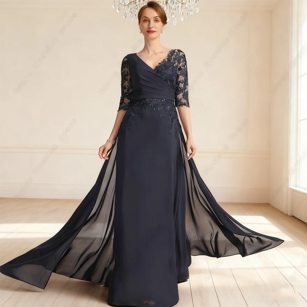 Mermaid Half Sleeve Mother of Bride Dresses for Women Chiffon 2025 Summer Floor Length Prom Gowns with Lace Robe De Soirée