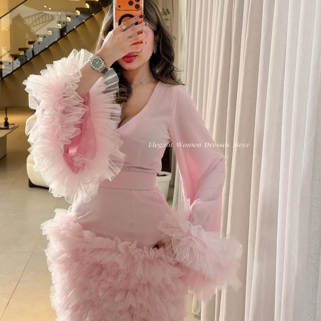 Mini Mermaid Evening Dresses V Neck Long Sleeve Fluffy Cute Prom Dress شارون سعيد فساتين سهره Customized