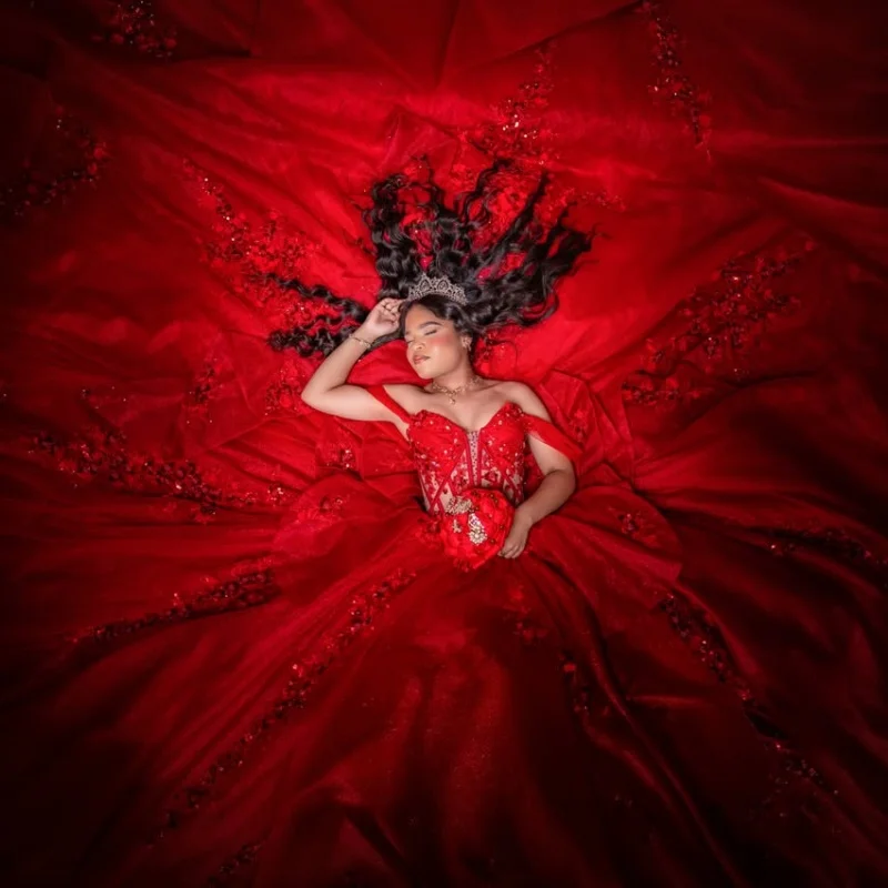Red Quinceanera Dress Glitter Crystal 3D Flower Decal Long tail off-shoulder Ruffle Bow Vestidos De 15 Quinceanera ﻿Customize