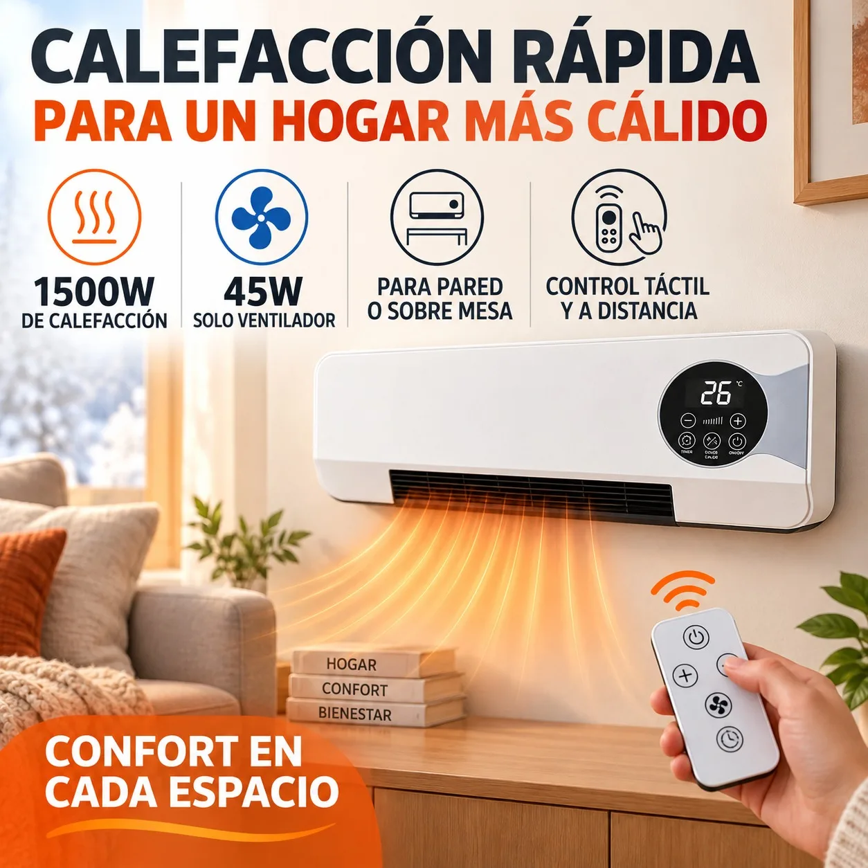 Elektrischer Heizlüfter für Wand und Tisch mit schneller 1500-W-Heizleistung und 45-W-Ventilatormodus, LED-Touchscreen, Fernbedienung und 6-Stunden-Timer für Zuhause und Büro, Weiß