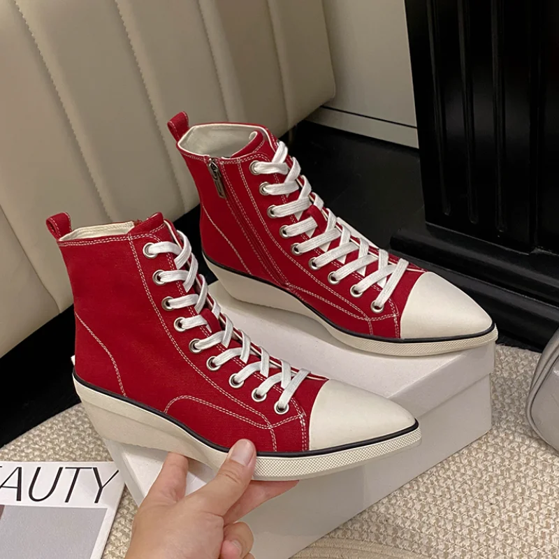 Retro-rote High-Top-Schuhe mit Keilabsatz, Canvas-Schuhe für Damen, klassische Plateau-Sneaker mit Reißverschluss, lässige Damenschuhe, modische Schnürschuhe, vulkanisierte Schuhe.