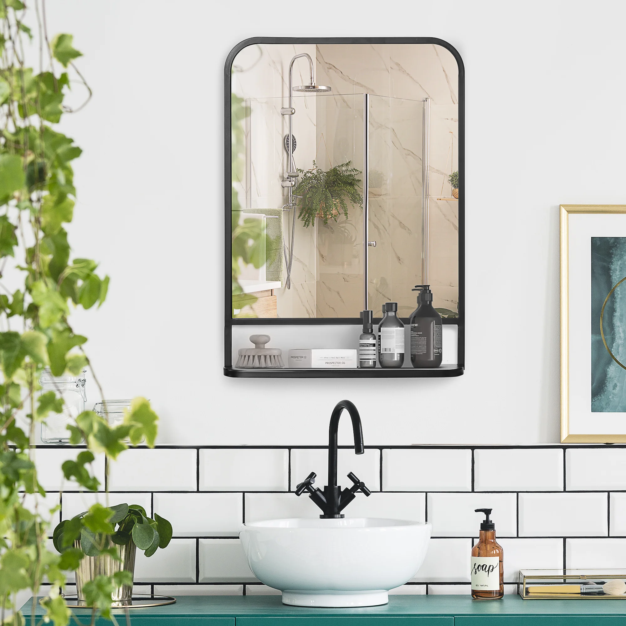HOMCOM Wandspiegel 70 x 50cm Hängespiegel Moderne Wohnzimmerspiegel Rechteckige Dekospiegel mit Ablage für Eingangsbereich Schlafzimmer Elegant Metall Schwarz