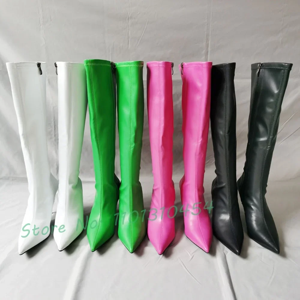 Super spitze kniehohe Stiefel Frauen neu in sexy heißen wasserdichten Winter rosa lange Stiefel Outfit coole High Heels Neuheit Reiß verschluss Schuhe