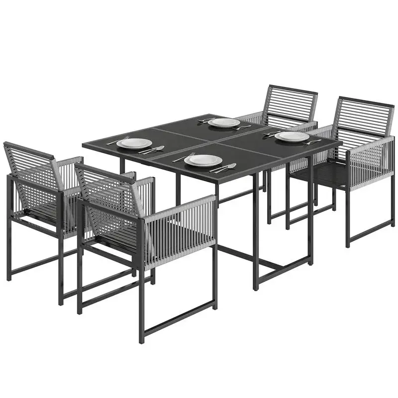 Gartenmöbel-Set, Sitzgruppe, 5-teilig, Glastisch mit 4 atmungsaktiven, klappbaren Stühlen mit Seilrückenlehnen