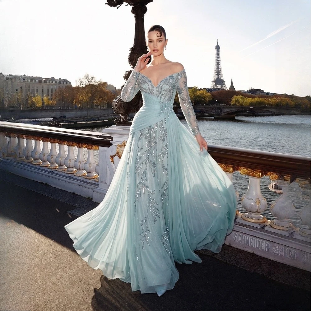 Customized Sweetheart Collar Long Sleeves Women Evening Dresses Formal Prom Gowns Vestidos De Noite Exclusivamente Para Mulheres