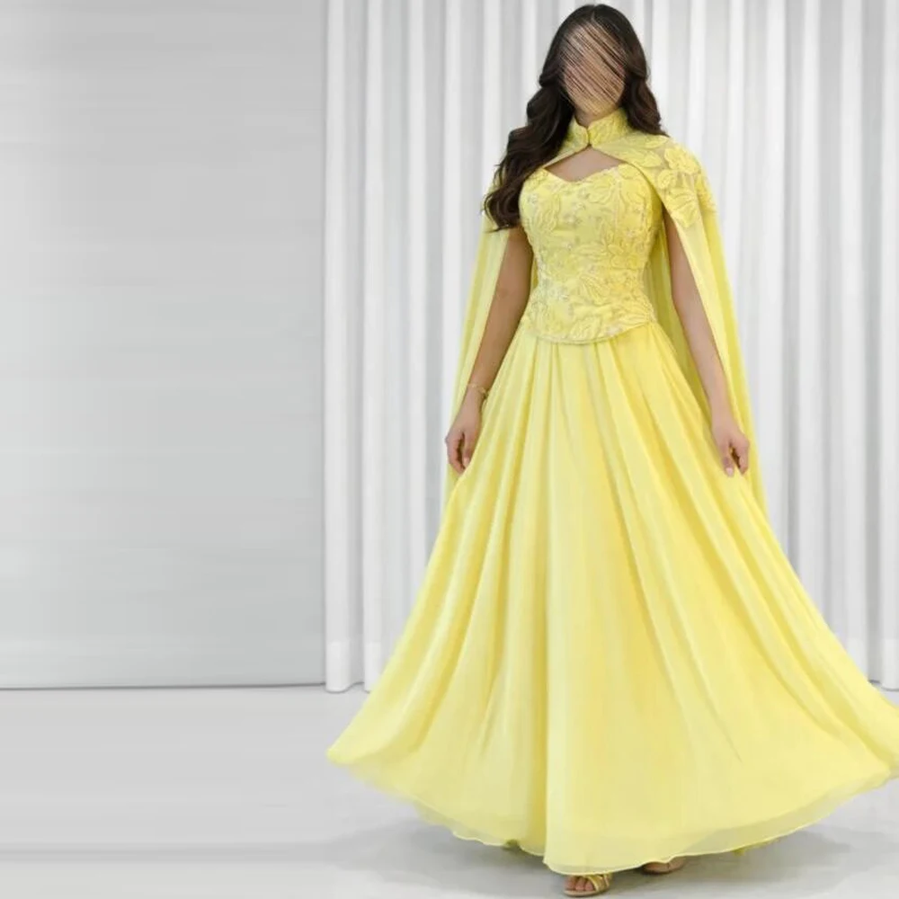 Customized Embroidery Flower Evening Dress with Cape Sweetheart A Line Formal Evening Gown Yellow Chiffon Maxi Dresses