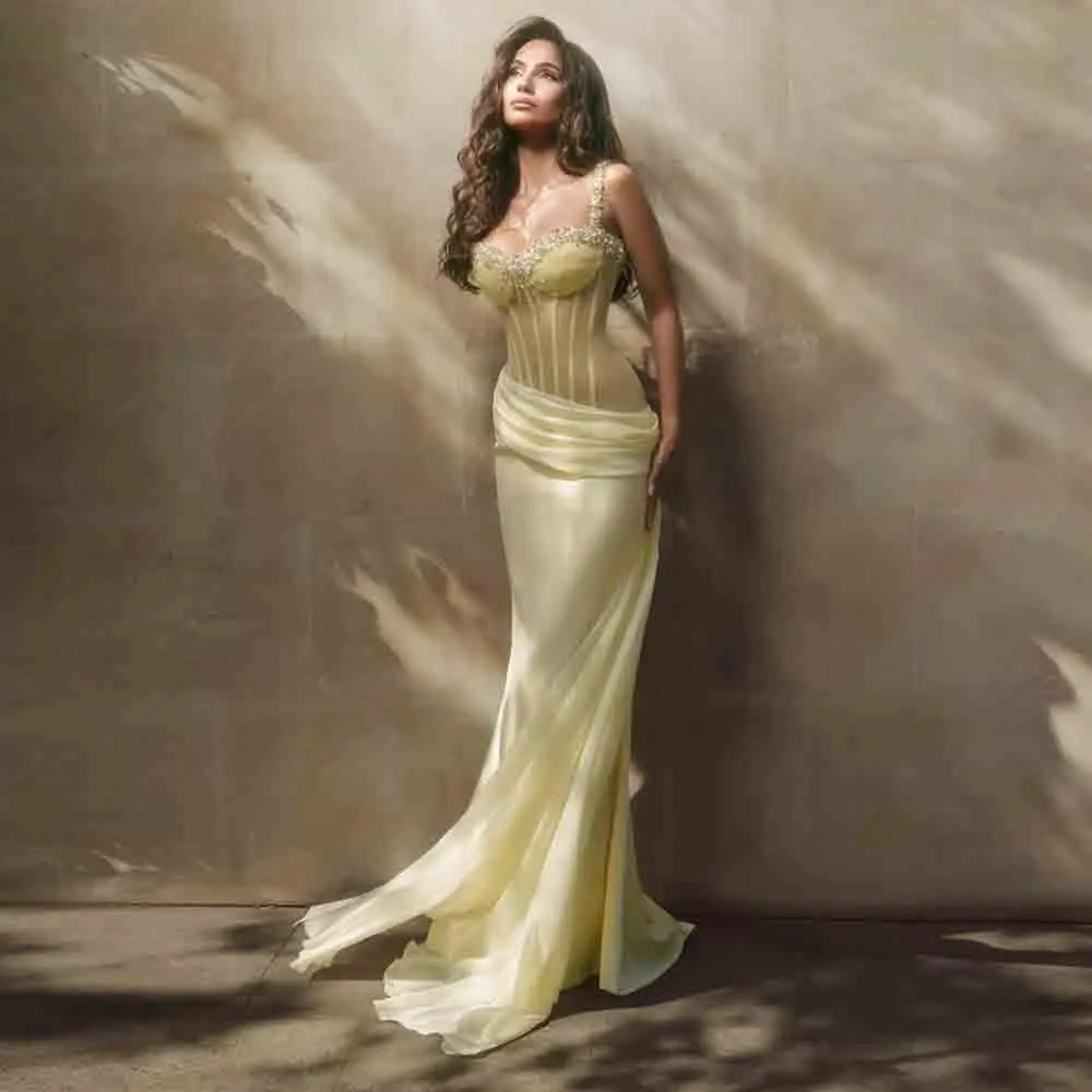 Customized Sheer Mesh Corset Evening Gown Crystal Beaded Wedding Guest Formal Dress Spaghetti Strap Draped Satin Maxi Dresses