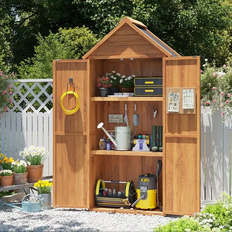 Aoxun Abri de jardin en bois 73x39x169cm avec étagères, maison de jardin à toit en pente avec toit en asphalte et portes doubles, armoire de jardin résistante aux intempéries pour balcon extérieur, patio et jardin.