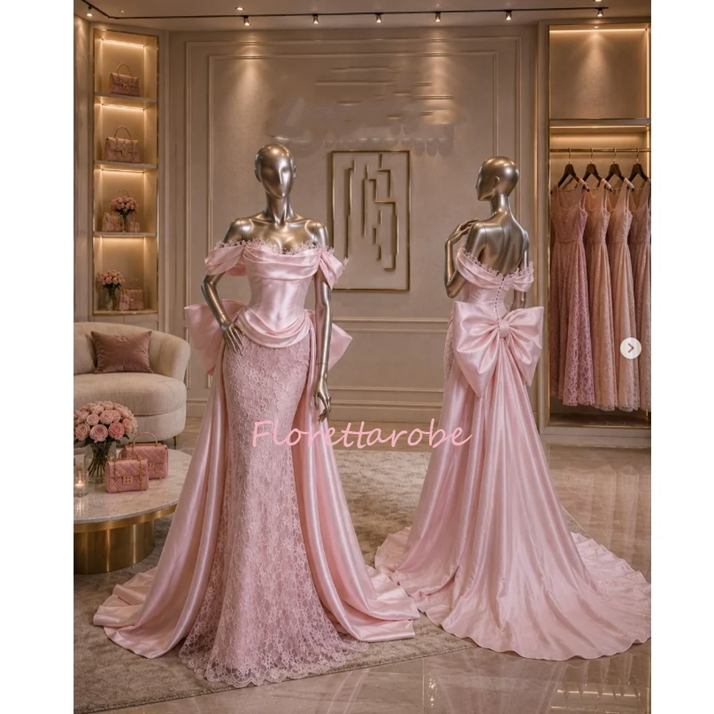 Lace Pink Mermaid Evening Dress Off Shoulder Long Appliques Bow Prom Dresses V Corset Brithday Party Gown Customized