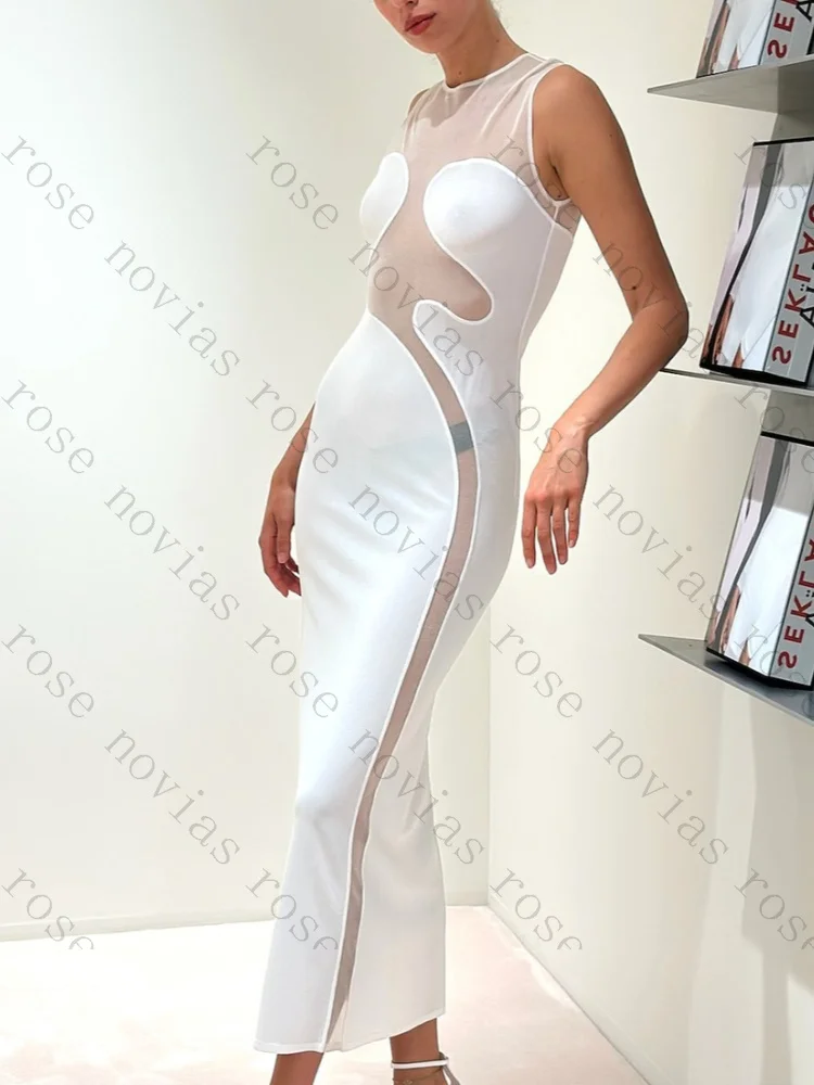 Customized White Sleeveless Mesh Insert Evening Dresses Elegant Ankle-Length Celebrity Dress Sexy High Quality Prom Party Gowns