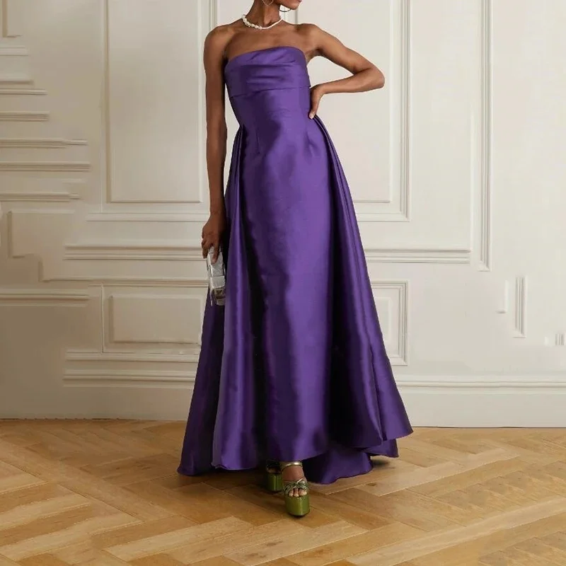 Sleeveless Formal Occasion Princess Party Dress Fuschia A-Line Evening Dresses Strapless Satin Prom Gowns