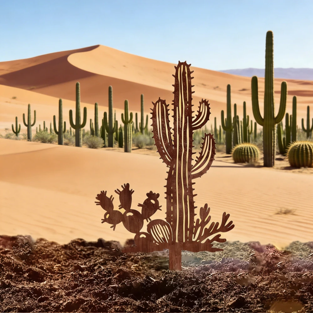 Piquet de jardin rustique en fer en forme de cactus, décoration de jardin en métal pour plantes du désert, art de jardin extérieur, décoration de patio, cadeau antirouille pour les amoureux du jardin.