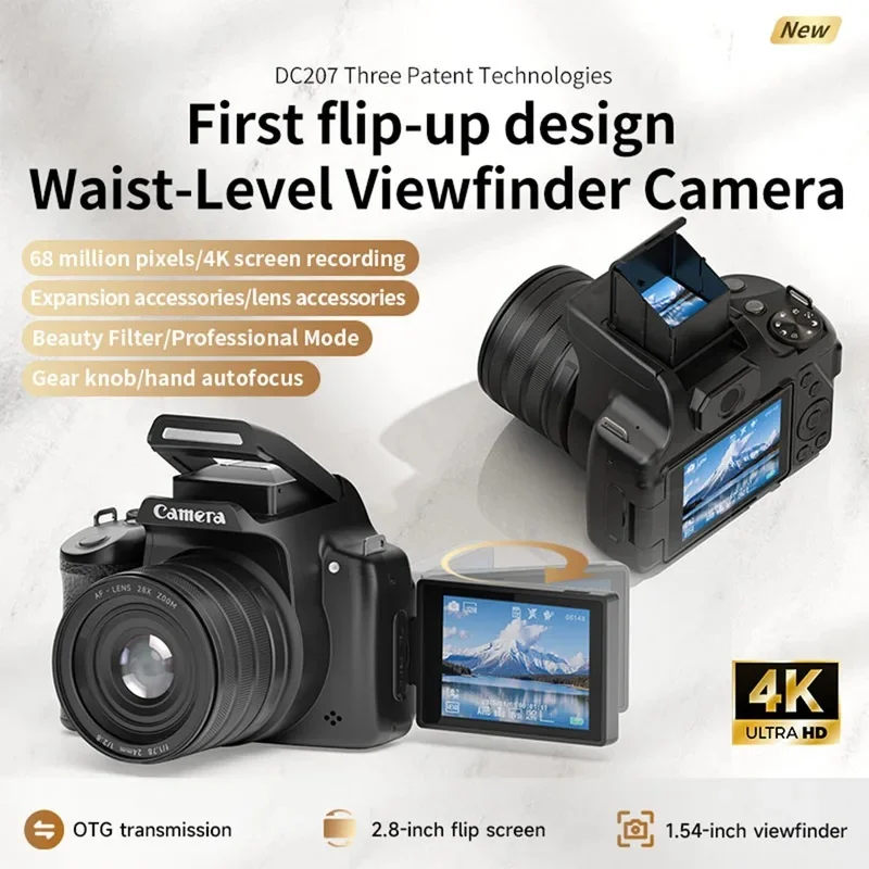 Appareil photo numérique reflex numérique avec viseur à hauteur de taille, photos HD de 68 MP, enregistrement vidéo 4K, écran rabattable, appareil photo numérique idéal pour les débutants.